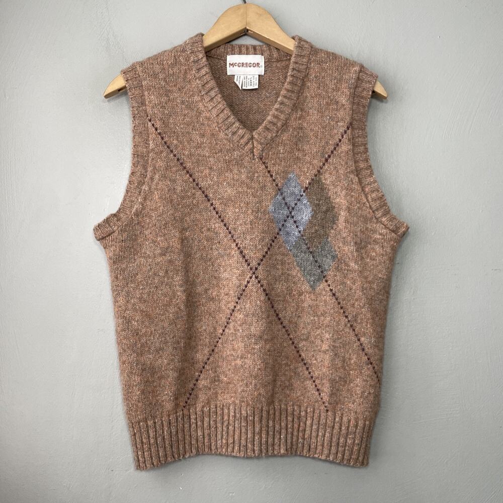 Vintage McGregor Sweater Vest Fits Size Medium Brown Wool Argyle Academia Golf